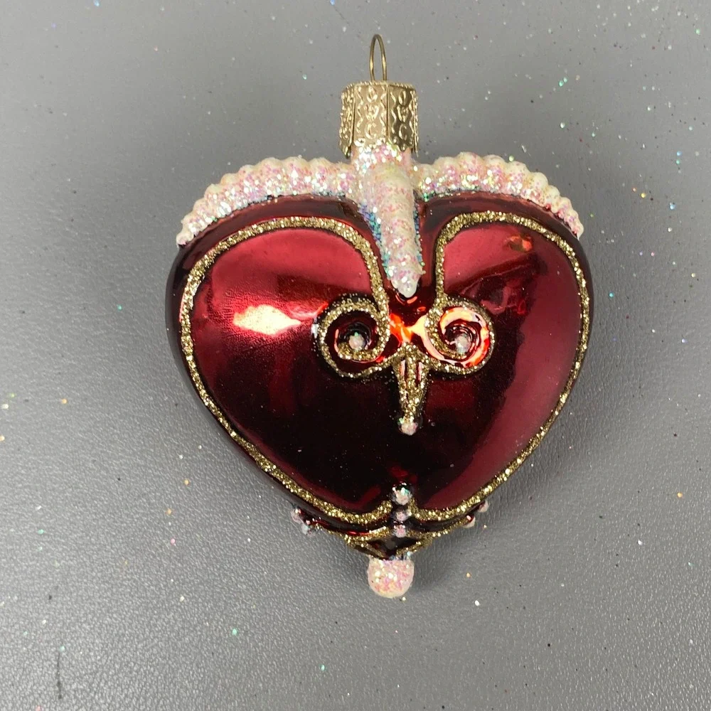 Old World Christmas Glass Ornaments Lot Frog Prince Train & Heart Glitter Set